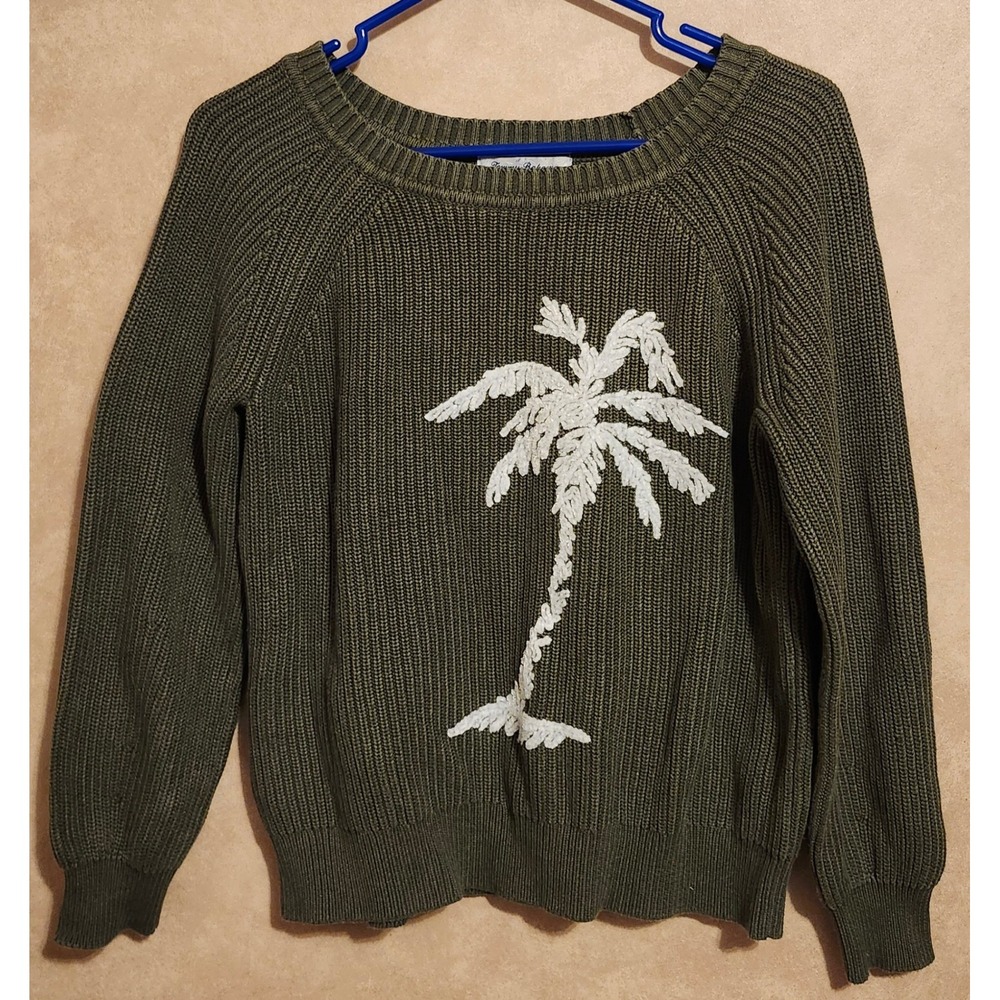 Tommy Bahama Olive Green Palm Tree Embroidered Knit Sweater XS